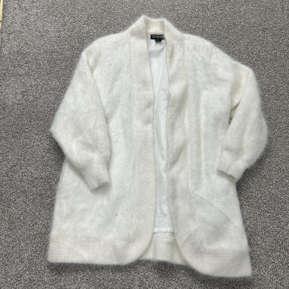 Venesha Cardigan Sweater Womens L White Angora Knit Lined Open Front Long Sleeve